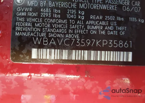 2007 BMW 328Xi z USA, uszkodzony, nr VIN WBAVC73597KP35861